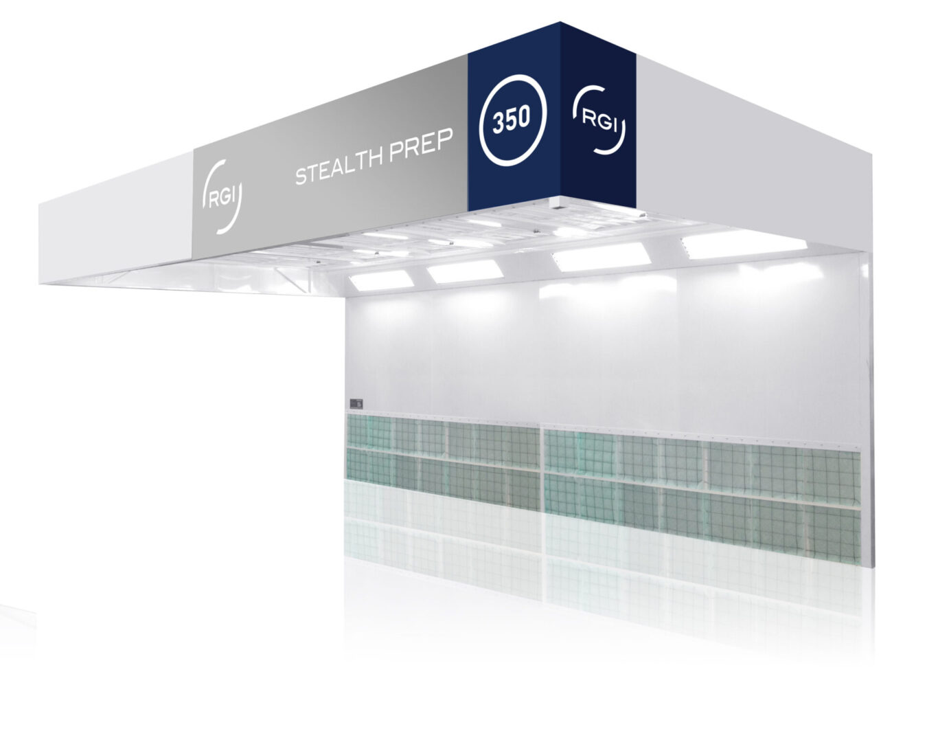 Trade show booth with the logo "rgj" and "stealth prep", featuring a clean, white design with overhead lighting.